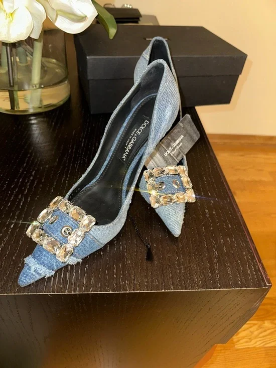 Dolce & Gabbana Denim Pointed Toe Pumps with Jeweled Buckles size 40 worn once - Picture 8 of 9